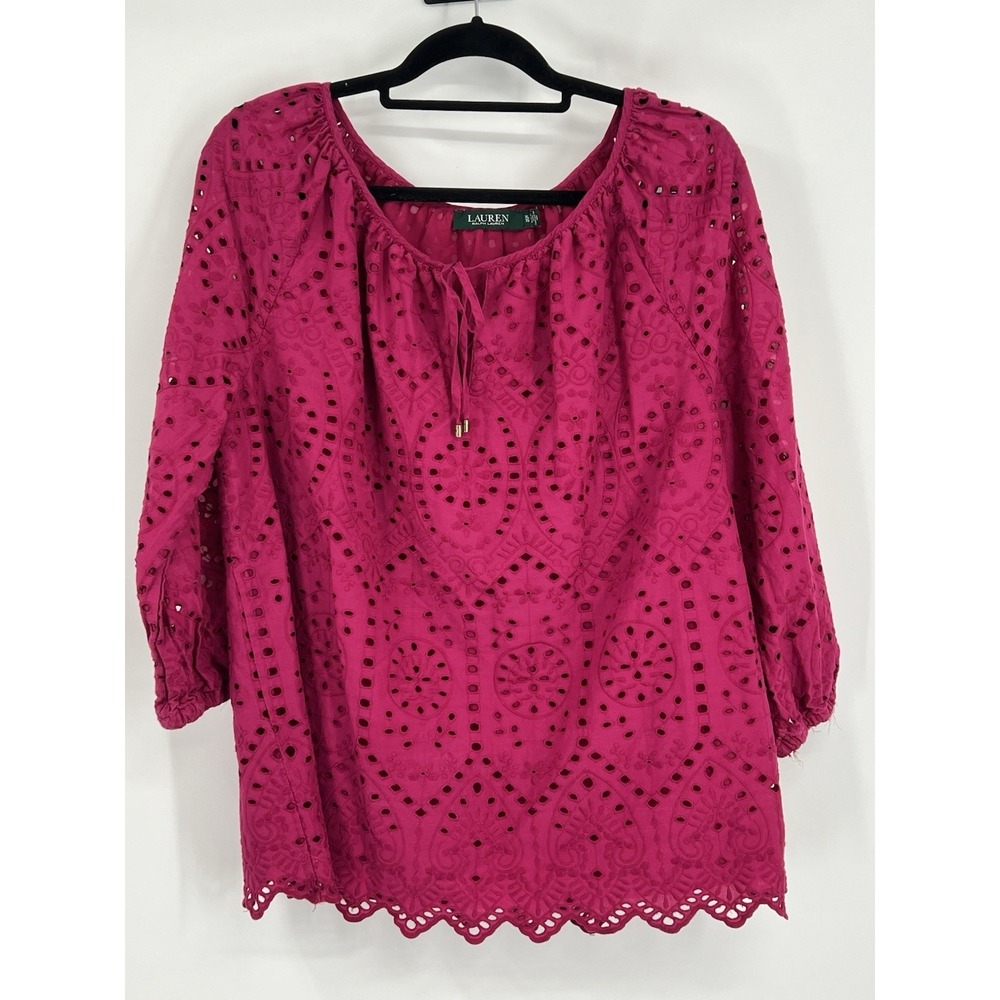 Lauren Ralph Lauren Eyelet Blouse XL Pink Cotton Boho Peasant Top 3/4 Sleeves